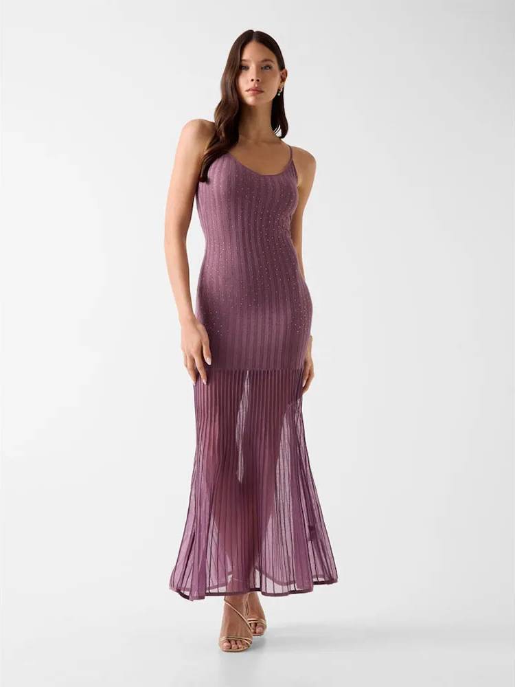 Guess Ribbed Long Dress - Purple