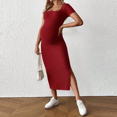 Shein Maternity Solid Color Square Neck Short Sleeve Ribbed Side Slit - Solid Color