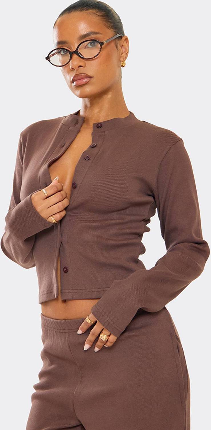 Fitted Long Sleeve Button Ribbed Top - Brown