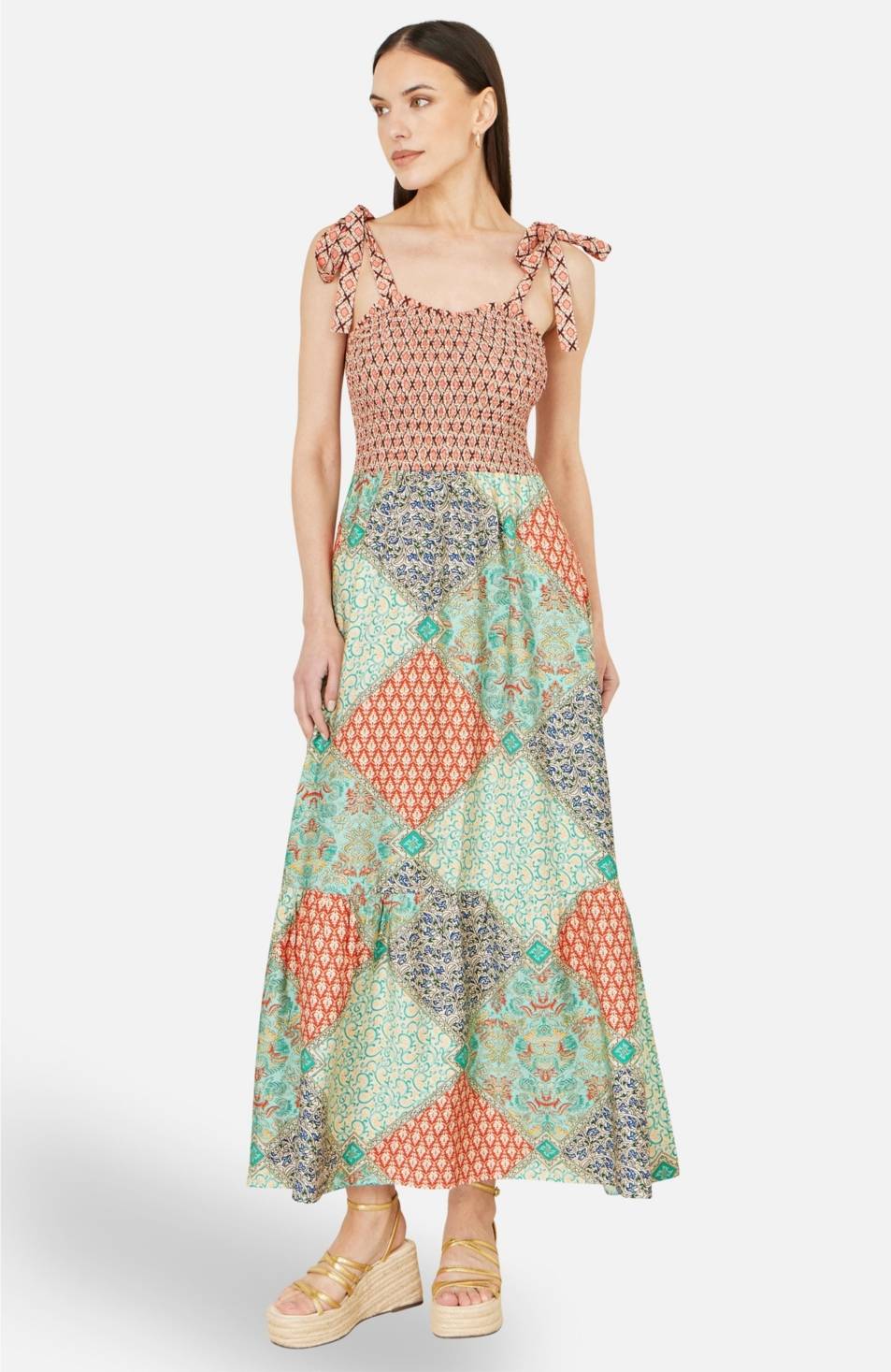 Yumi Multicolour Patchwork Ruched Smocked Maxi Sundress