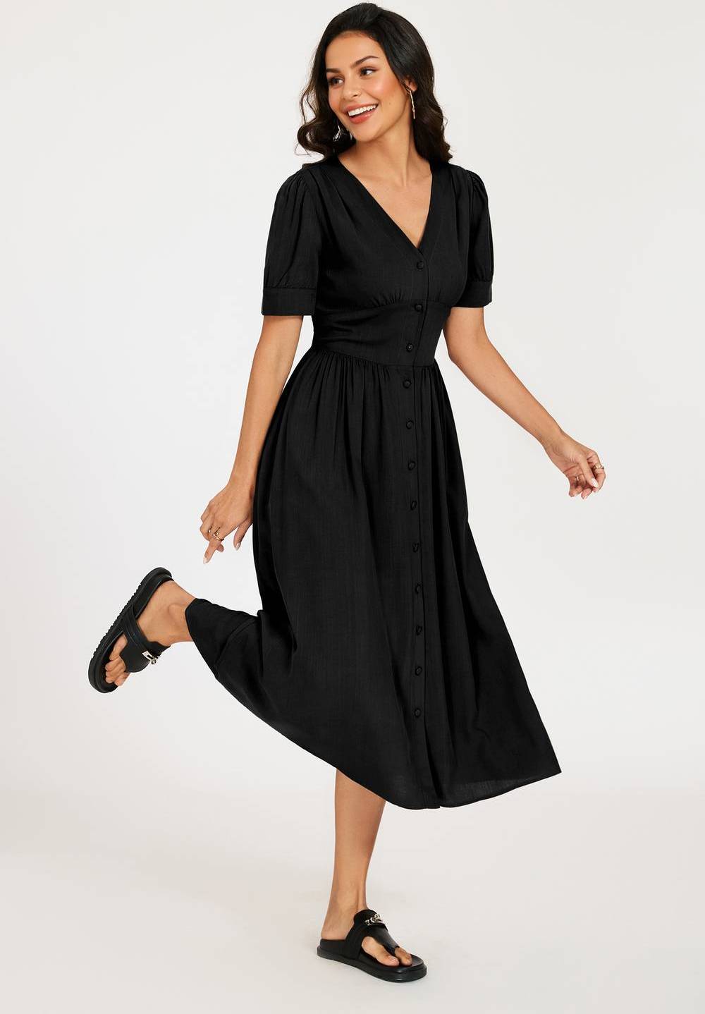FS Collection Button Front Midi Dress - Black