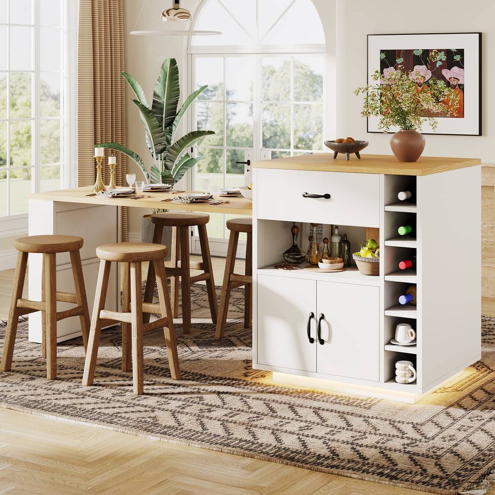 Merax Extendable Kitchen Island Breakfast Dining Table With Wine Rack - White