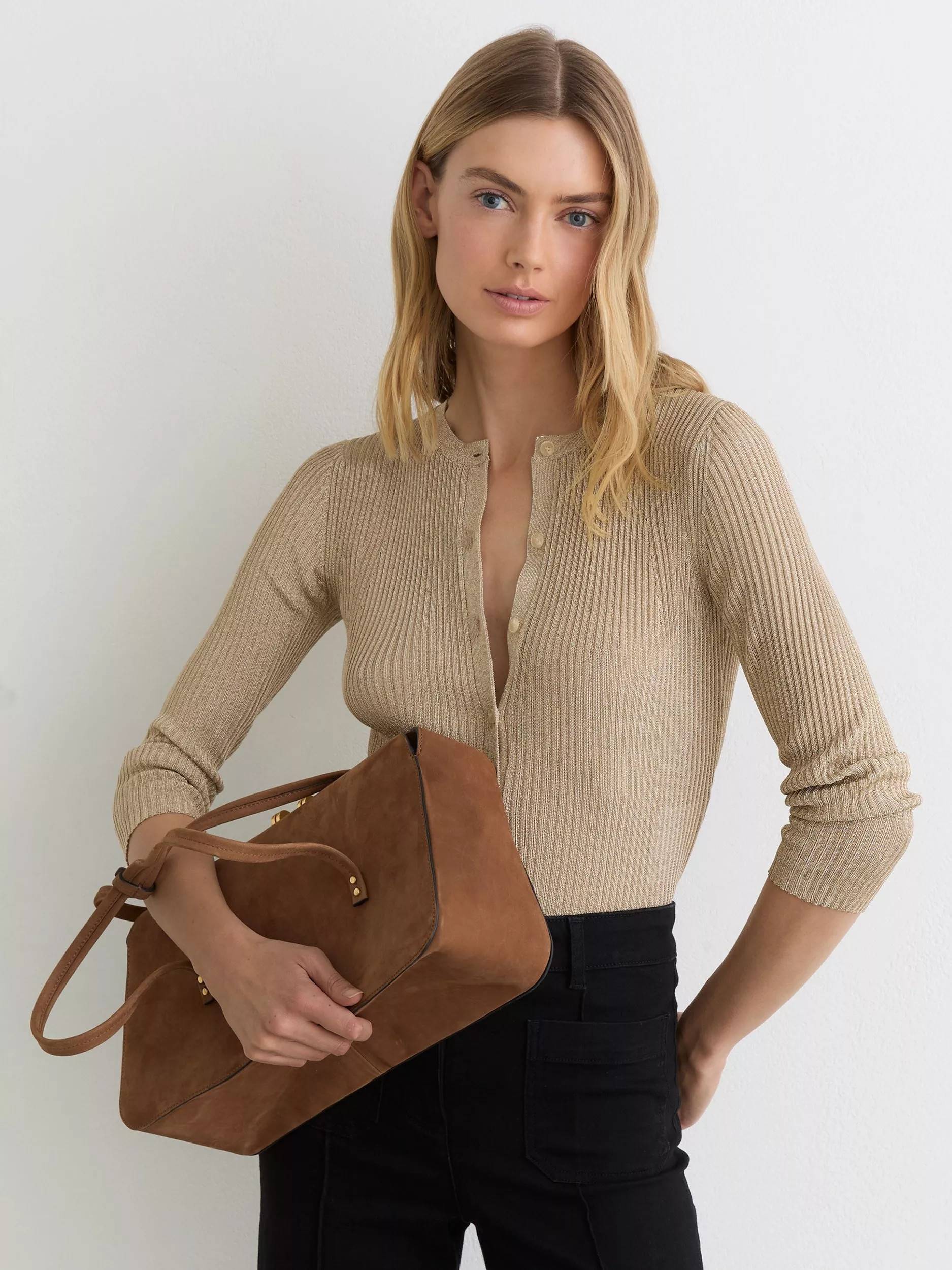 Reiss Milo Metallic Rib Knit Cardigan - Gold