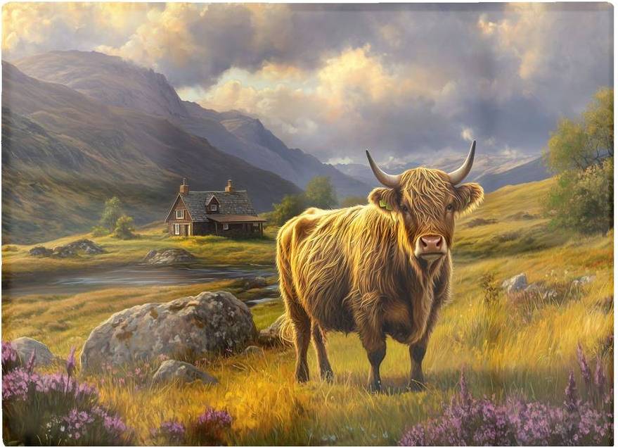Warren Reed Designer Springtime Highland Cow Glass Multicolor Chopping Board