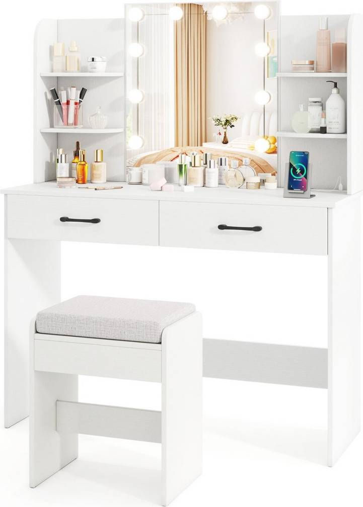 Makeup vanity table with lighted mirror Sugift Vanity Set Lighted Mirror Stool Dressing Table