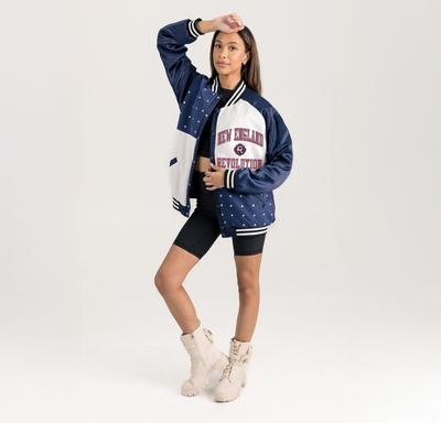 Gameday Couture Navy Rivalries Rhinestone Raglan Full-Snap Varsity Bomber Jacket