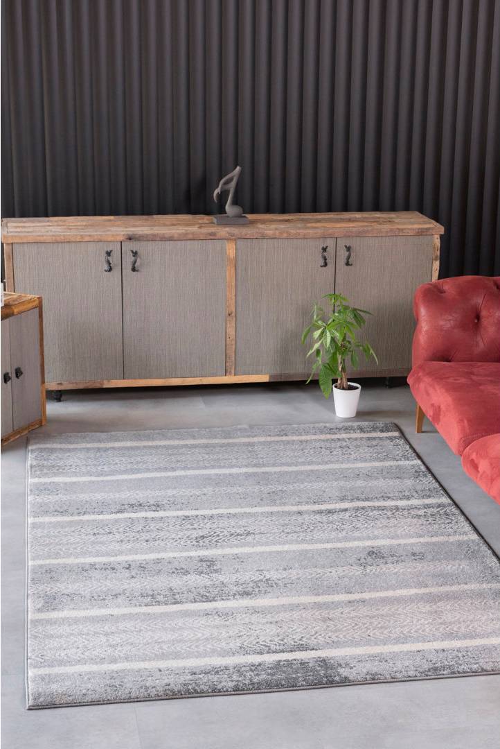 Ebern Designs Geometric Stripes Area Rug Medium Size Grey
