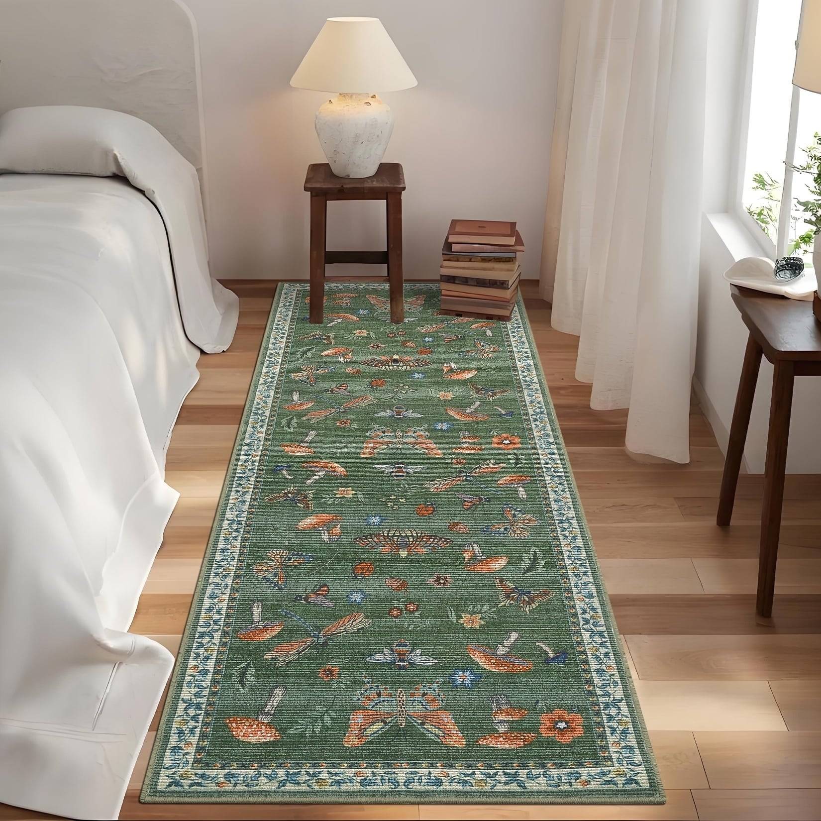 Gaomon 2x6 Modern Insect Floral Print Area Rug Green