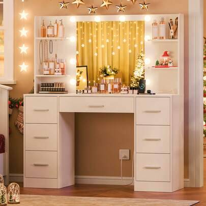 Large makeup vanity Shein Large Vanity Desk With LED Mirror Dressing Table