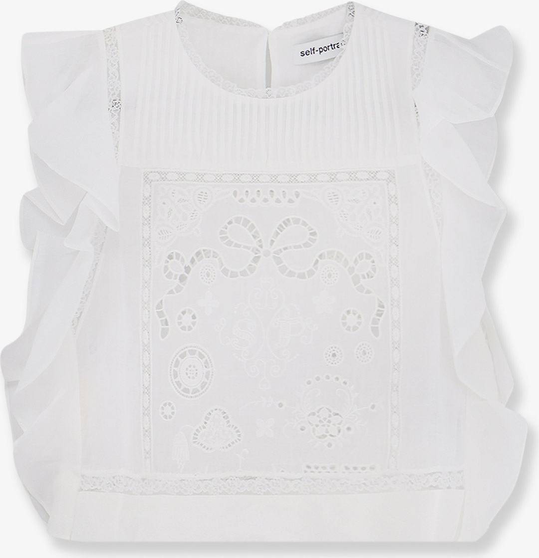 Ramie Lace Frill Top With Lace Inserts - Wit