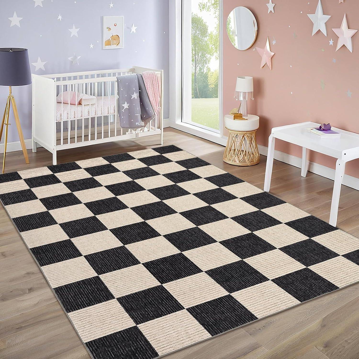 Washable Checkered Area Rug 5x7 ft