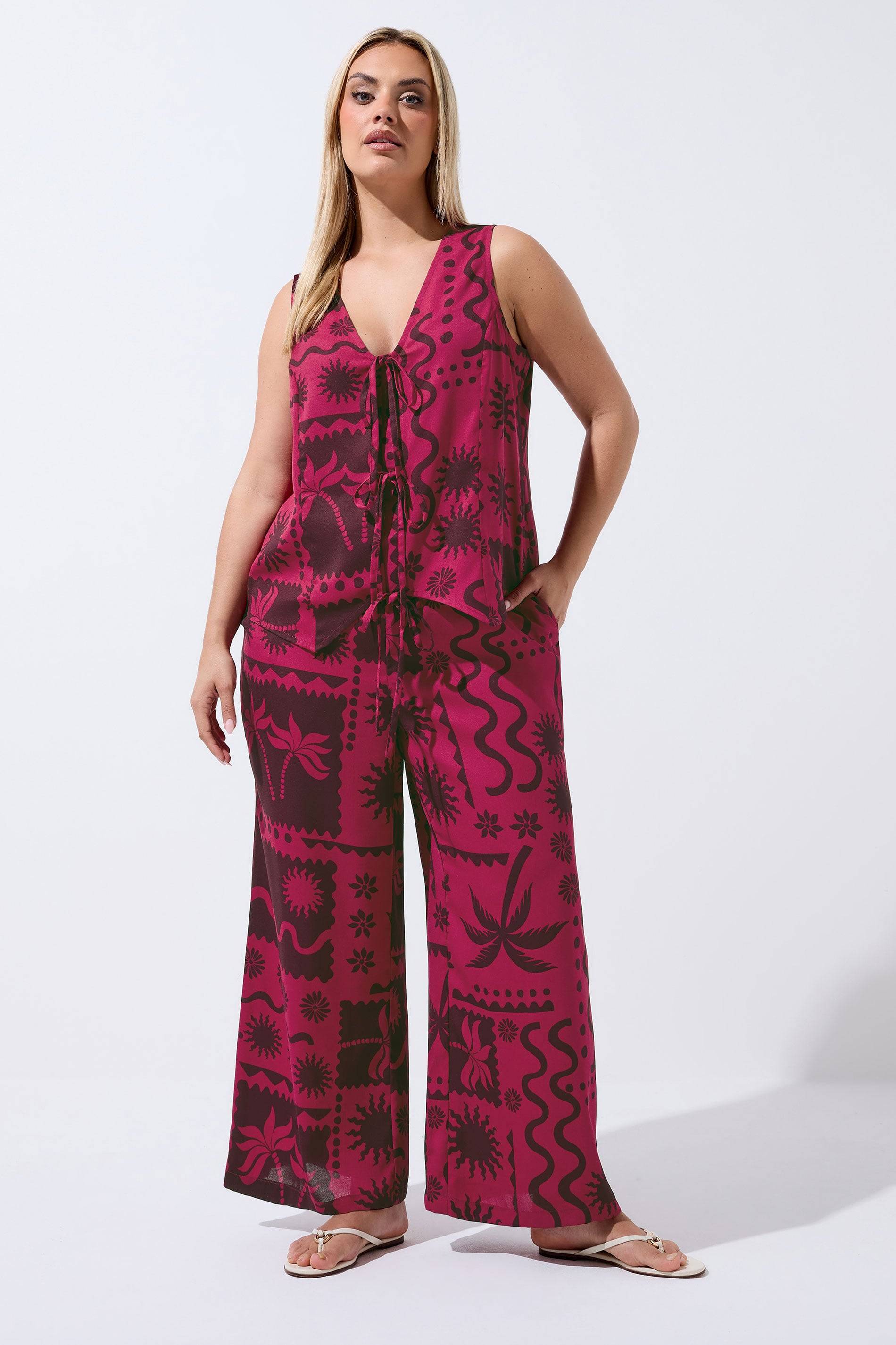Yours Summer Print Wide Leg Trousers - Raspberry