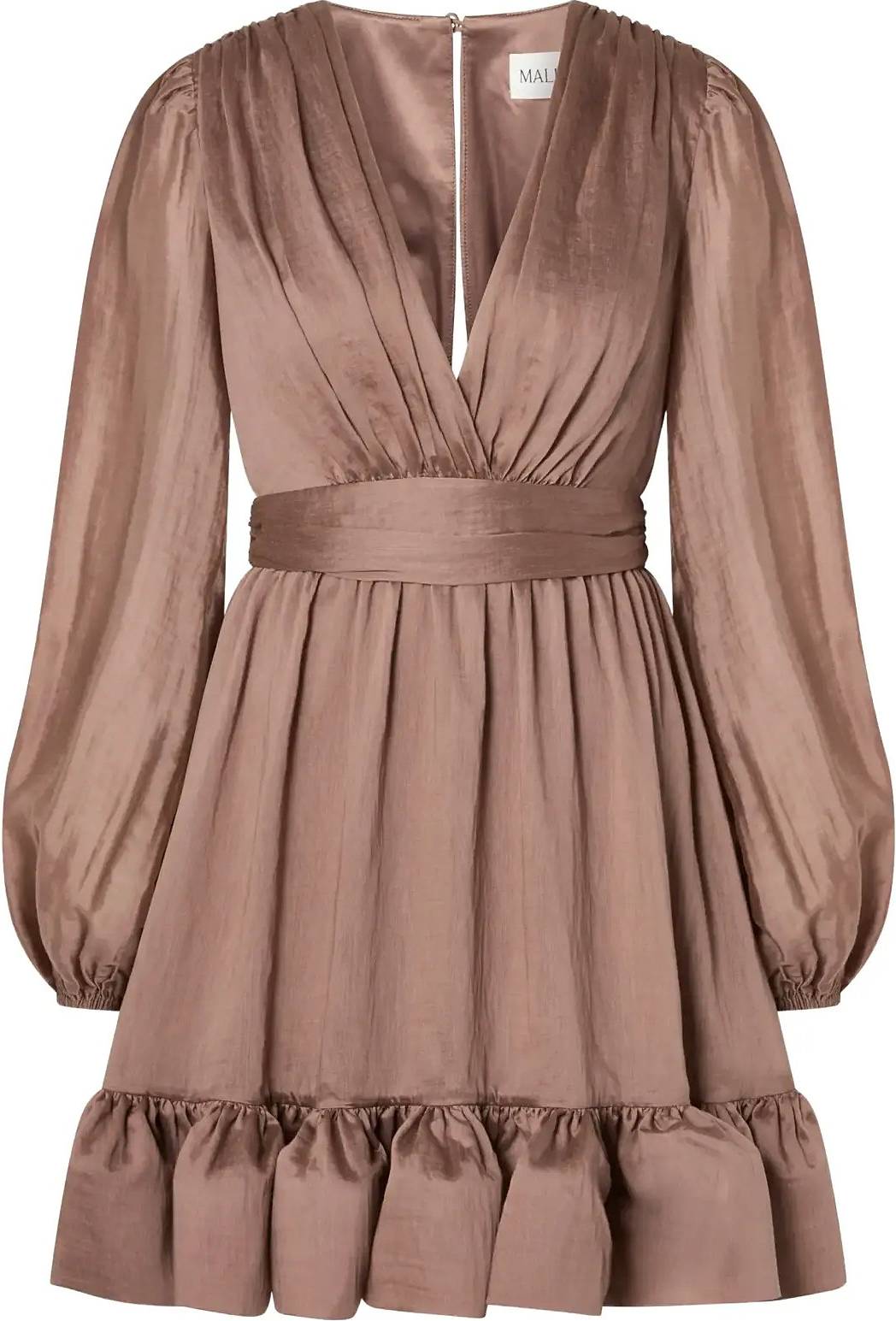 V-Neck Ruffled Mini Dress - Brown