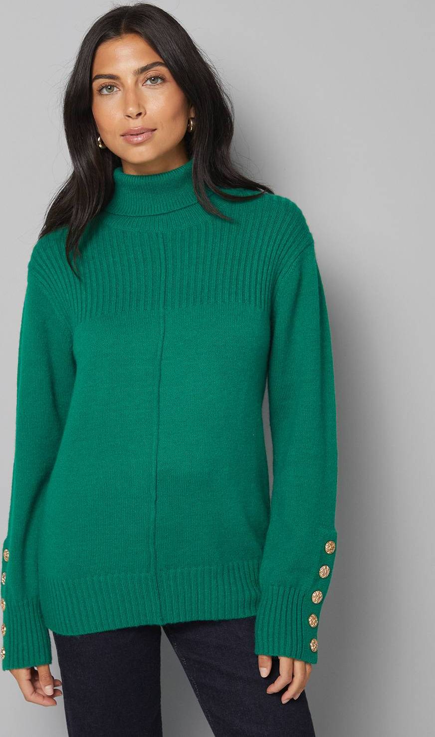 Wallis Rib Panel Button Sleeve Jumper - Green