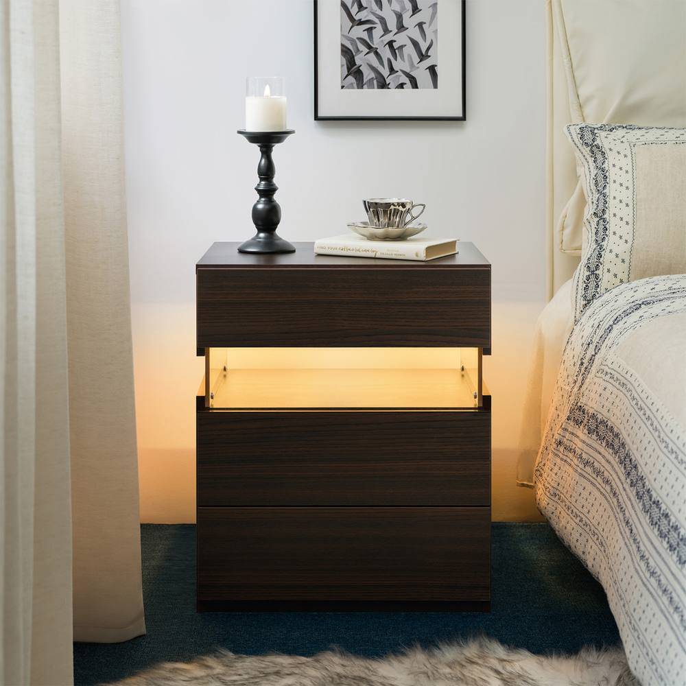 Matteo Lighting LED Nightstand 3-Drawer Walnut Bedside Table