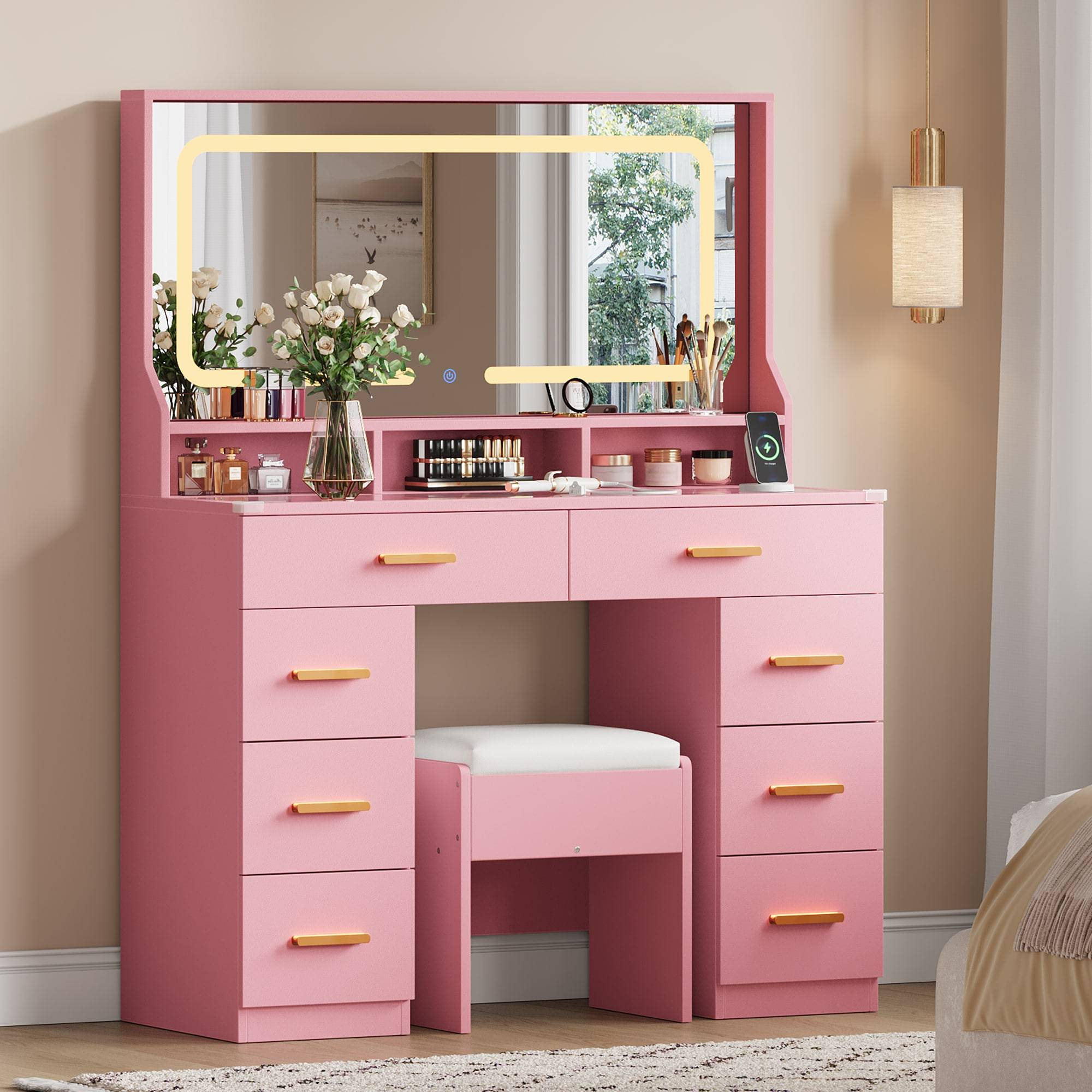 Vanity set with mirror Garvee Lighted Vanity Set Mirror Storage Dressing Table