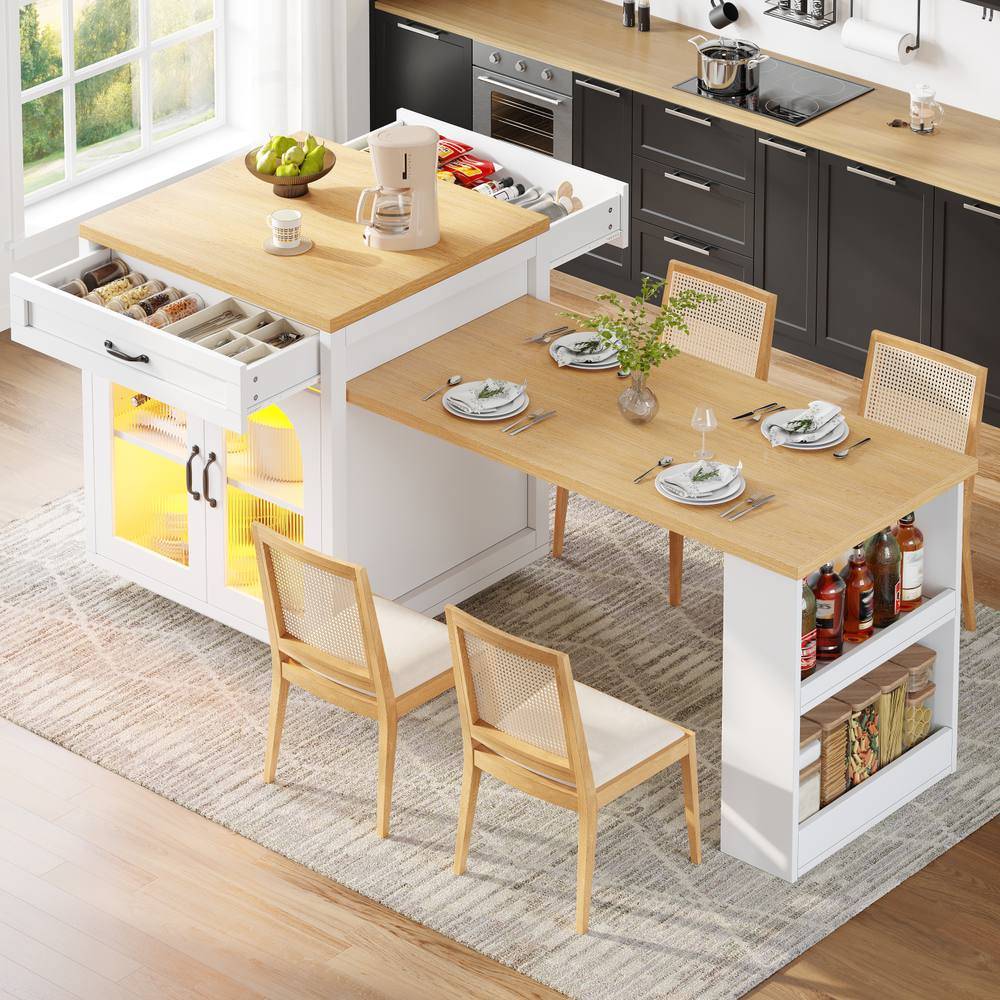 Kitchen Island with LED Drawers extendable Dining Table - White