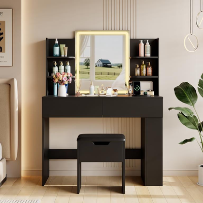 Black vanity set Lacoo Makeup Vanity Set Lighted Mirror Storage Stool Dressing Table