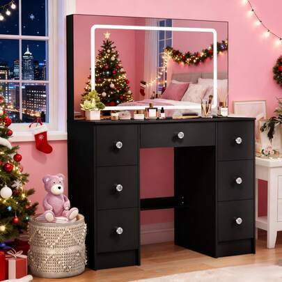 Black vanity set Shein Vanity Set Makeup LED Light Mirror Dressing Table