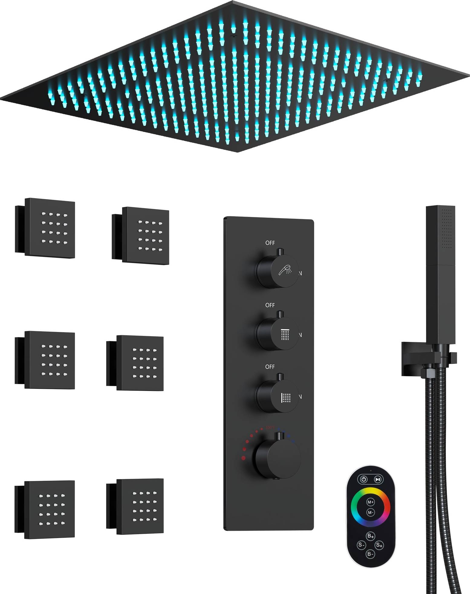 Waterfall shower head Grandjoy LED Matte Black Waterfall Dual Head Shower Faucet Bar System