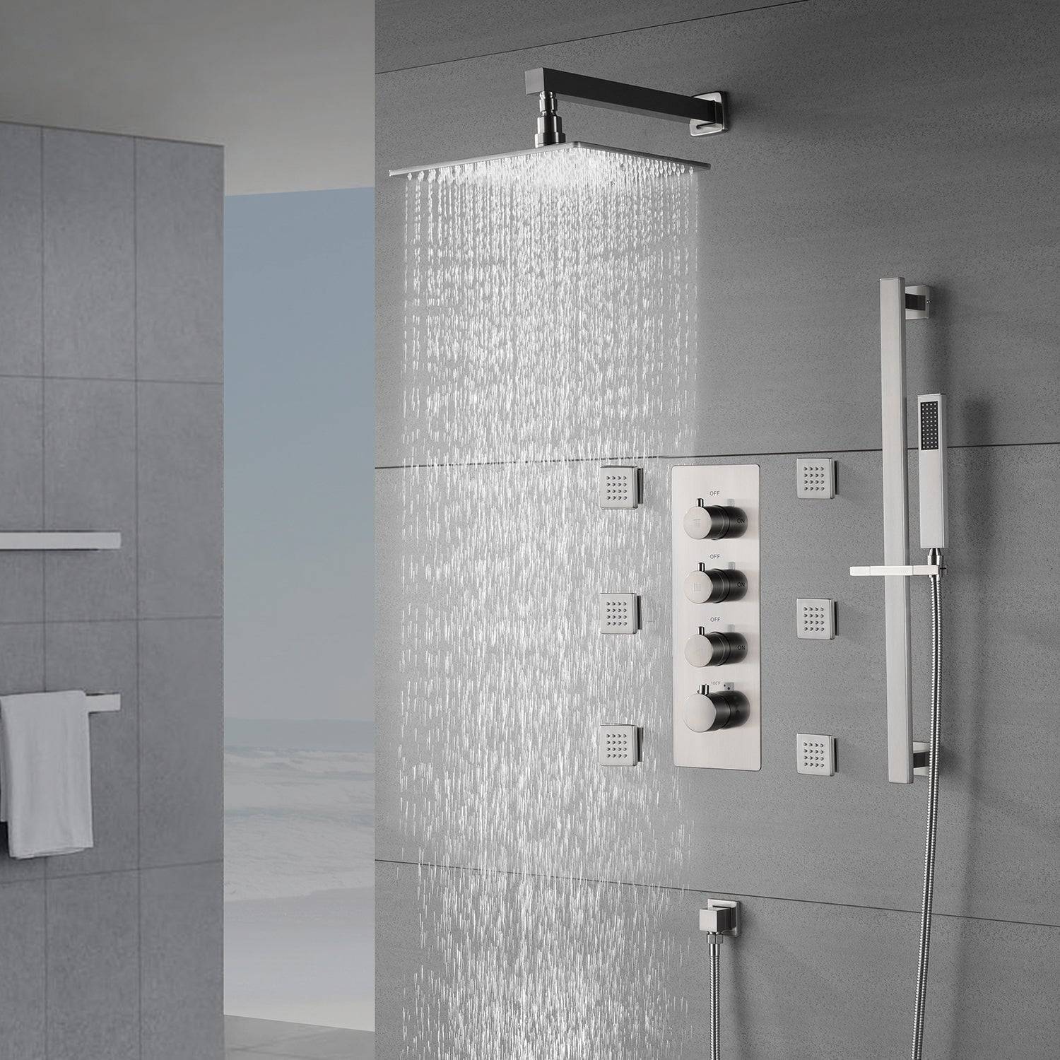 Brushed nickel shower system Wonderland America Brushed Nickel 16 Inch Non LED Rain Shower System