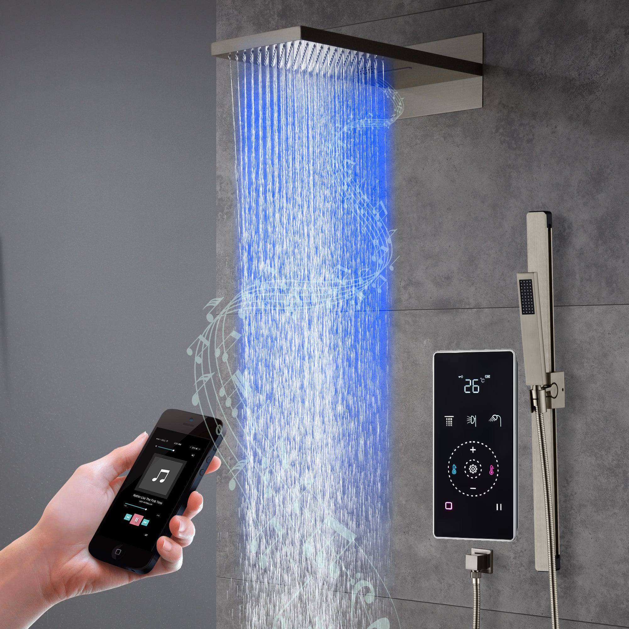 Brushed nickel shower system Wonderland America Brushed Nickel 22 Inch Bluetooth Music LED Shower System