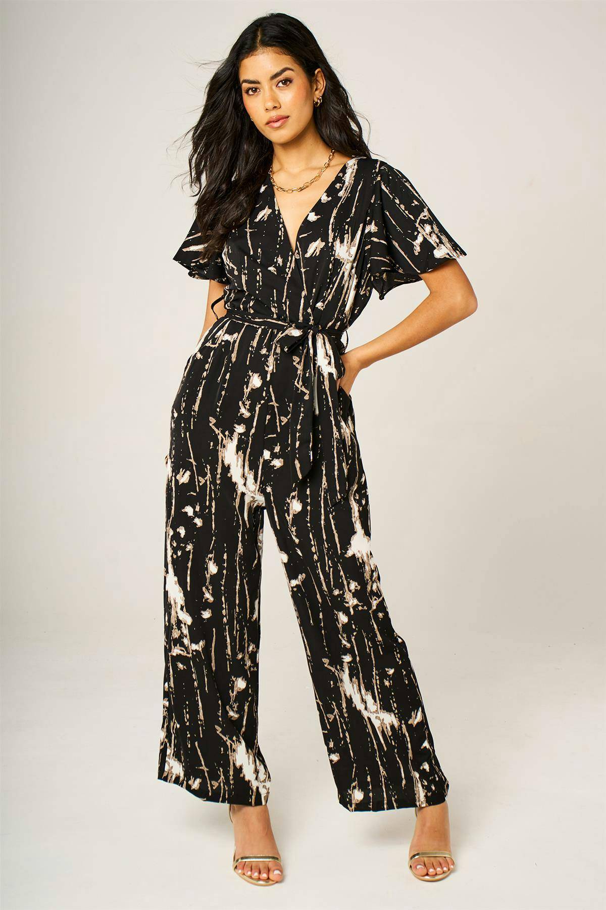 FS Collection Abstract Pattern Wrap Top Jumpsuit Wide Leg - Black