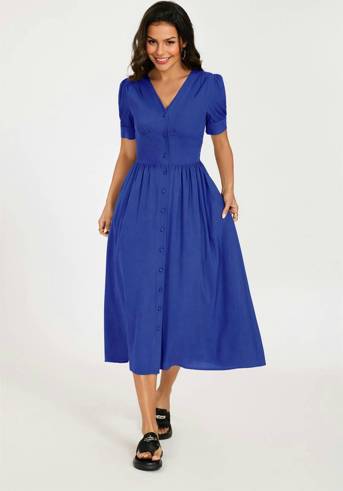 FS Collection Button Front Short Sleeve Midi Dress - Blue