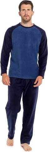 Mens Fleece Long Sleeve Top Pyjamas Set - Blue Raglan