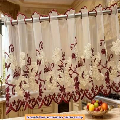 Short window curtains Shein Embroidered Floral Pattern Short Curtain Panel