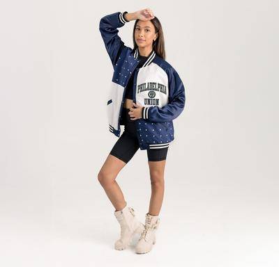 Gameday Couture Rhinestone Raglan Full-Snap Varsity Bomber Jacket - Navy
