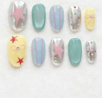 Shein Handmade Short Oval Colorful Nail Stickers Multi-Color Patchwork Design