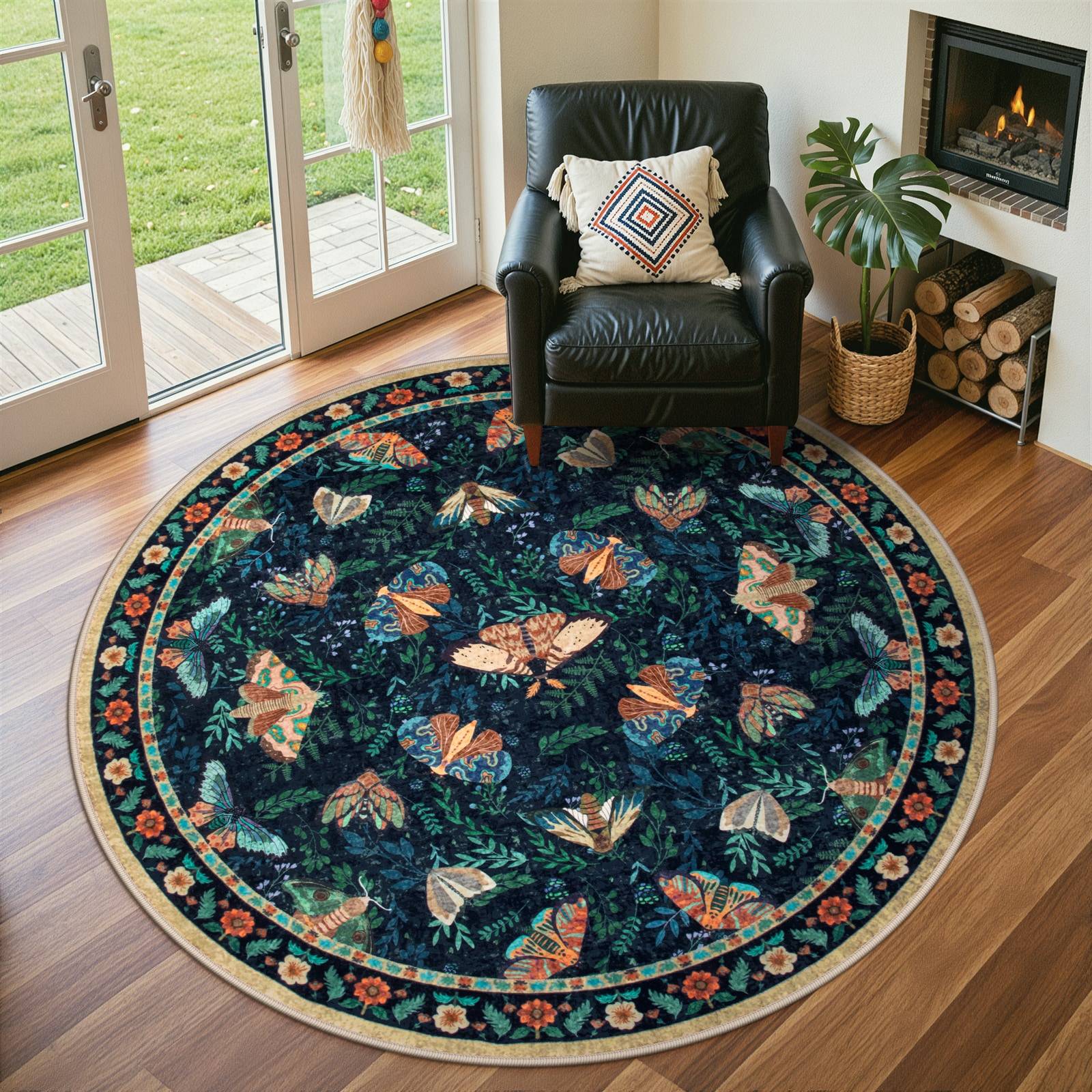 Round blue rug 6 Lahome Round Washable Insect Pattern Area Rug 6 ft Blue 72"