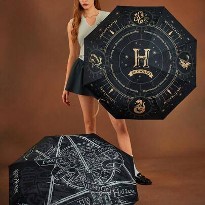 Shein Deathly Hallows Magic Pattern Printed Automatic Umbrella With Sun Protection