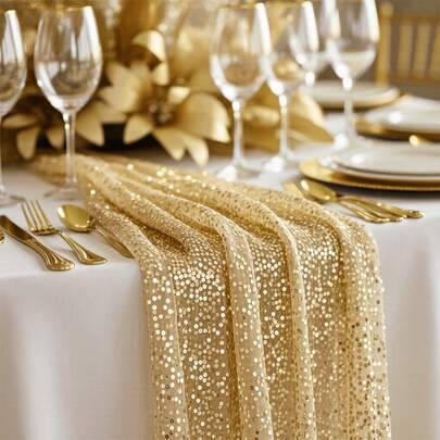Shein 2pcs Sequin Table Runner Set Tablecloth Gold