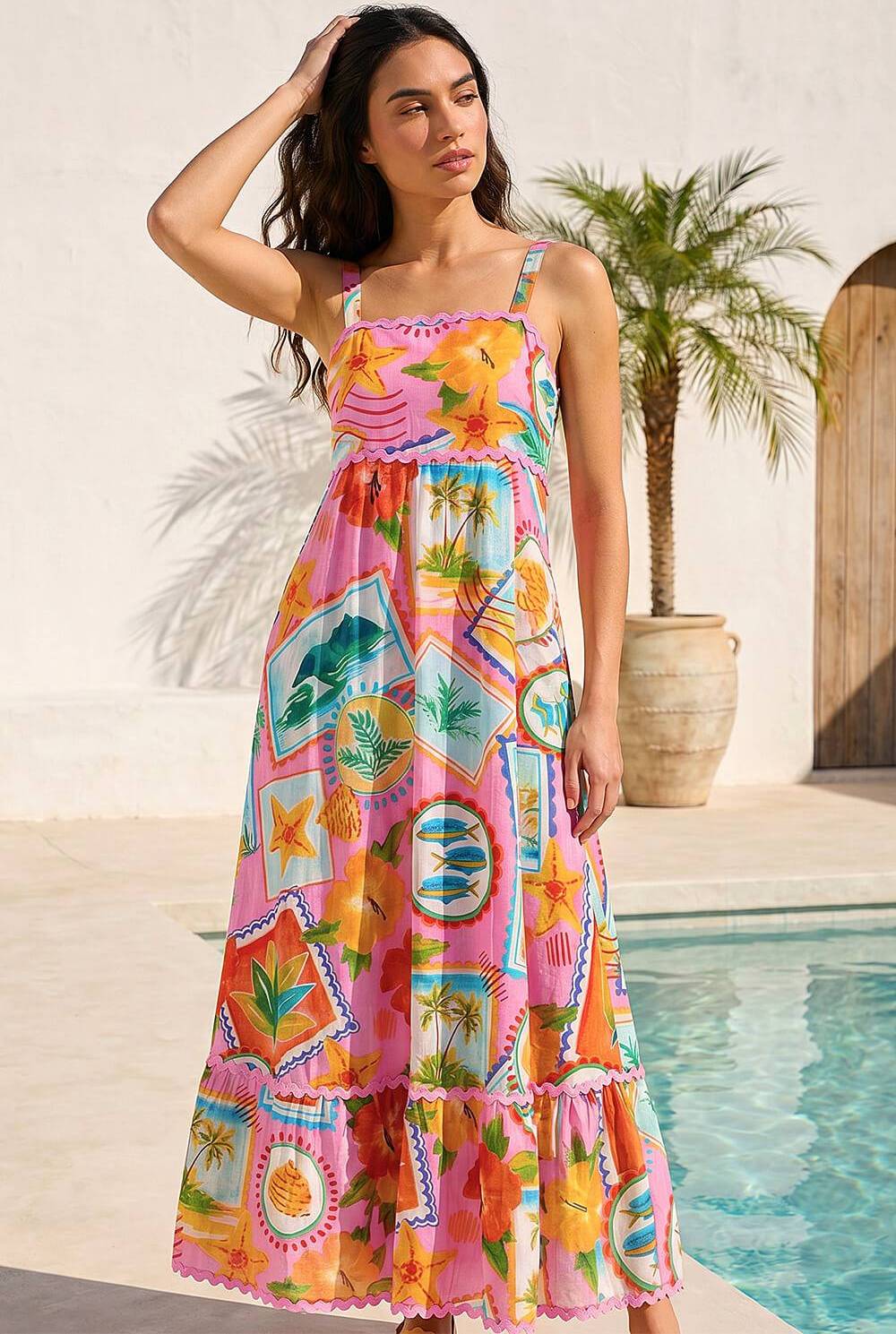 Roman Postcard Print Ric Rac Maxi Dress - Pink