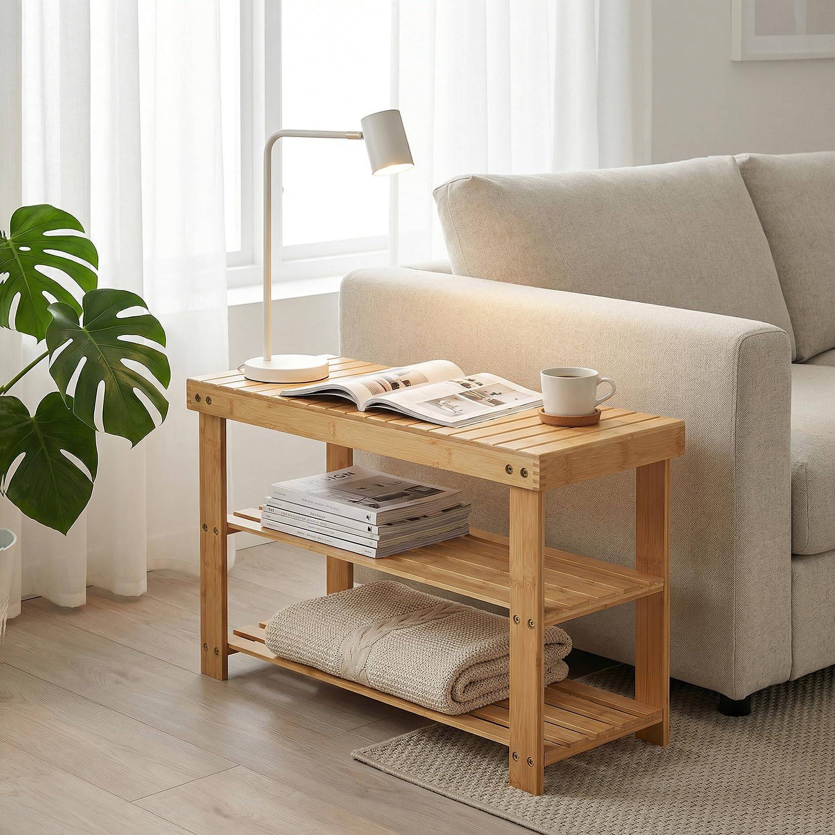 3 tier shoe bench Garvee 3-Tier Bamboo Bench Shoe Rack