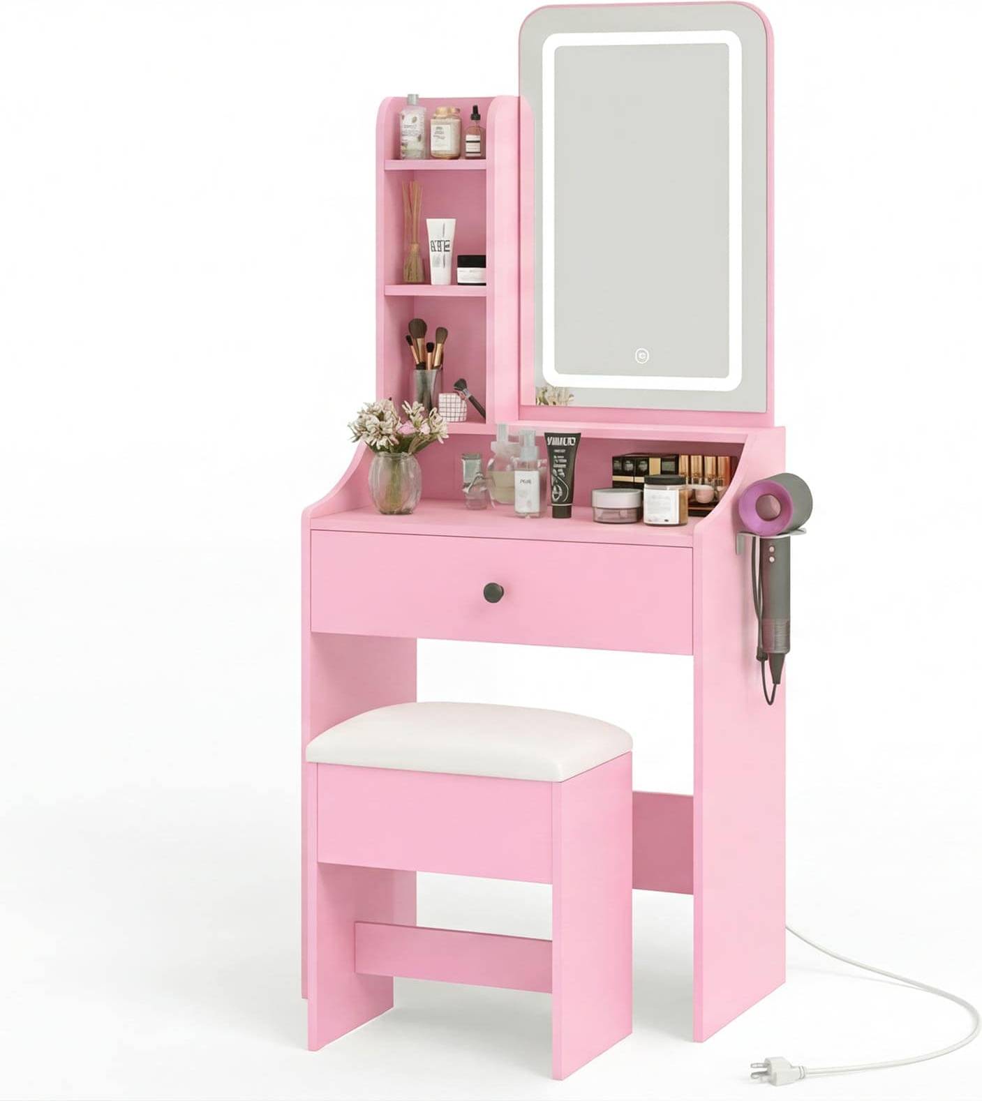 Makeup vanity stool Sweetcrispy 24-Inch Vanity Makeup LED Mirror Stool Set Dressing Table