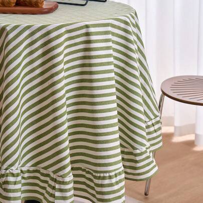 Shein Striped Ruffle Edge Round Table Decor Cloth Tablecloth Green