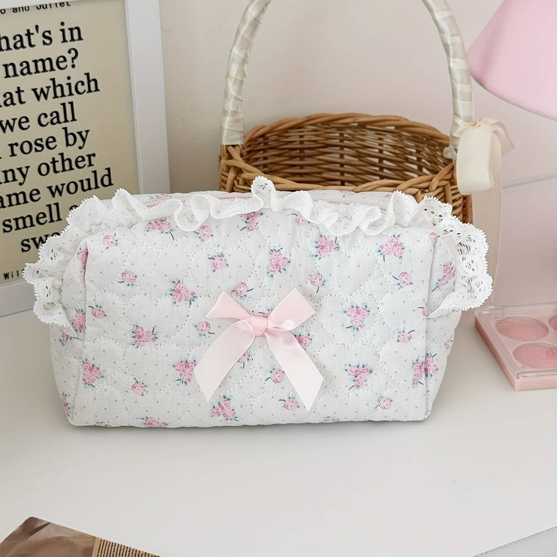 Temu Cosmetic Bag With Ruffles And Ribbon Bow - Pink