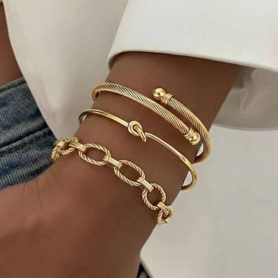 Gold bangle bracelet set Shein Stainless Steel Bangle Bracelet Set Twisted Rope Chain Elements - Gold Color