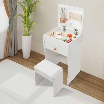 Makeup vanity stool Shein Compact Makeup Vanity With Mirror Stool Dressing Table