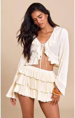 PrettyLittleThing Cheesecloth Ruffle Mini Skort - Yellow