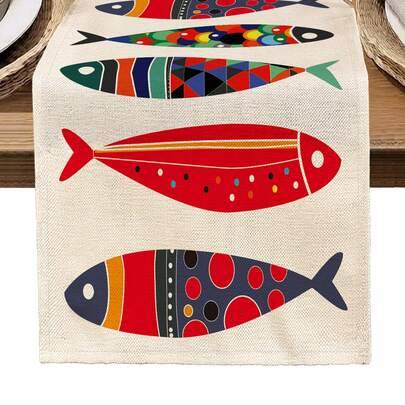 Shein Fish Pattern Printed Table Runner 4pcs Place Mat Multicolor