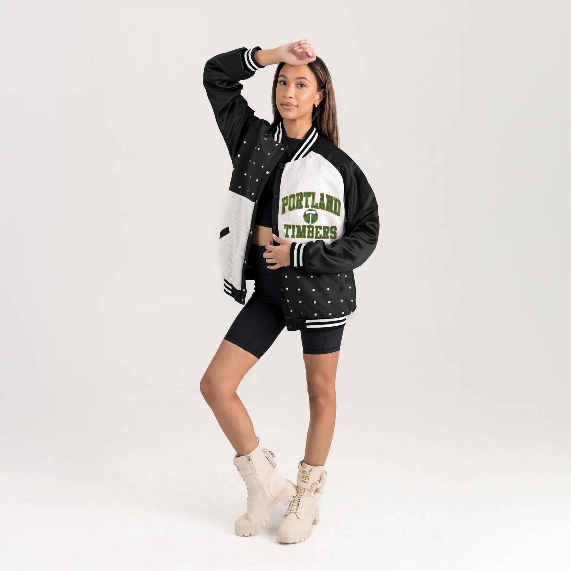 Gameday Couture Black Portland Timbers Refined Rivalries Rhinestone Raglan Full-Snap Varsity Bomber Jacket