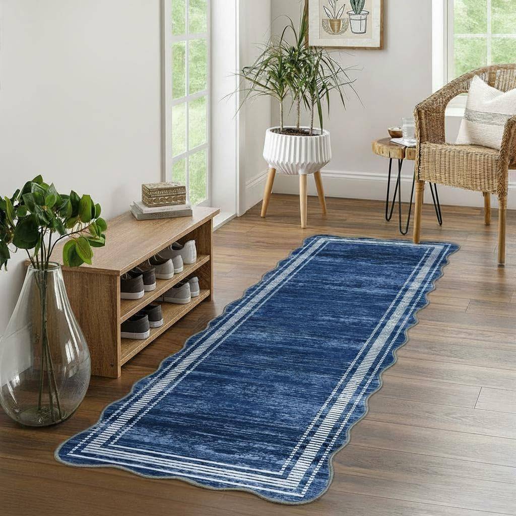 IDEALHOUSE Washable Scalloped Rug 2x6 ft Non Slip Blue
