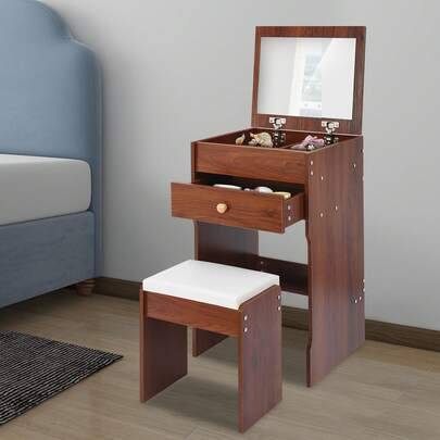 Makeup vanity stool Shein Compact Makeup Vanity With Mirror Stool Dressing Table