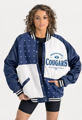 Gameday Couture Oversized Inner Drive Varsity Rhinestone Full-Snap Bomber Jacket - Navy