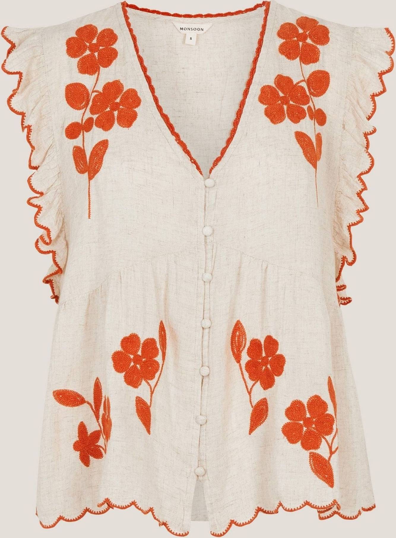 Natural Rhea Flower Embroidered Linen Blend Top