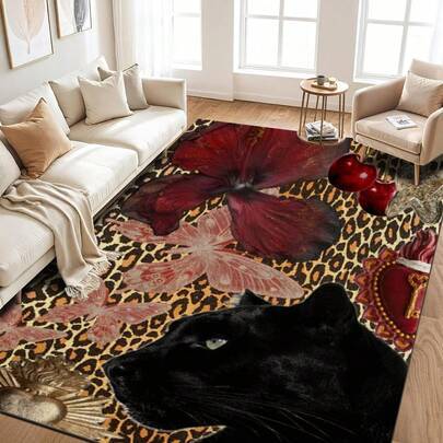 Shein Leopard Print Red Lips Rug 84 x 60 inch Multicolor